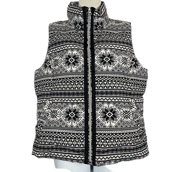 Land's End Womens Down Fill Black White Fair Isle Puffer Full Zip Vest Jacket M - Picture 1 of 16